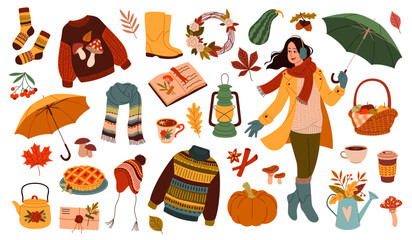 Autumn elements. Cute girl in warm clothes for rainy season holds umbrella, cozy knitting things and botanical objects, orange leaves and kettle with hot tea, tidy cartoon flat vector set