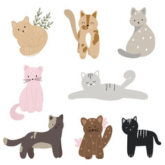 Set of funny cats cartoon style, kittens in different poses and color for stickers, fabric, textile, nursery