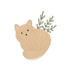 Cute brown cat, fluffy cat and branches with leaves vector illustration in flat style