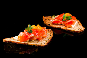 Mini snacks Cold appetizer with salmon Snacks for catering