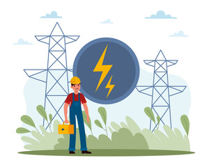 Electric power industry, green infrastructure of renewable energy sources. Professional electrician in uniform. High voltage powerlines and towers. Lightning sign. Vector cartoon concept