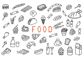 Set of various food and drinks in doodle style. Hand Drawn. Freehand drawing. Sketch. Outline.	