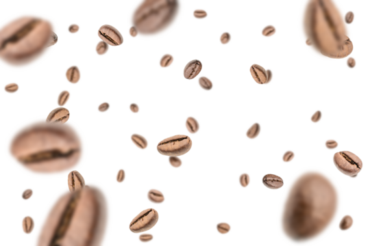 Coffee falling bean background. Black espresso coffee bean flying on white. Aromatic grain fall isolated. Represent breakfast for energy and freshness concept.