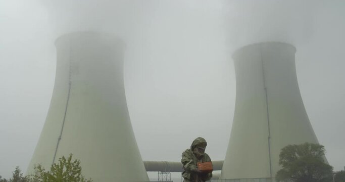 Person in a protective suit measures radiation outside the plant's cooling towers