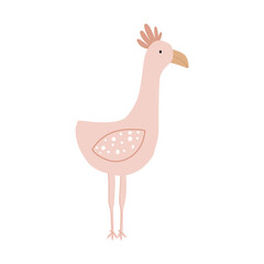 Funny pink bird on long legs vector illustration in flat scandinavian style for stickers, fabric, textile, nursery