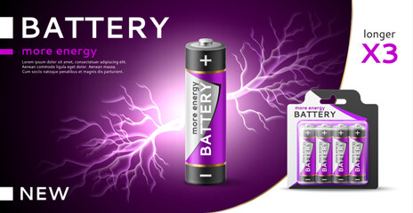Realistic alkaline battery banner. 3d isolated object and blister packaging, electrical li ion product, power conduction, promo banner template, purple lightning, utter vector concept