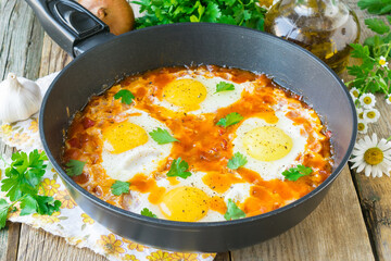 Jewish fried eggs. Jewish traditional dish - shakshuka. Fried eggs in a vegetable sauce served in a pan. Wooden background