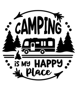 Camping is my happy place quote svg. Travel trailer Class A motorhome clip art. Isolated on transparent background.	
