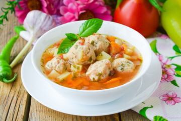 Tomato soup with chicken meatballs. Vegetable soup with chicken. Wooden background