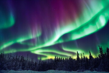 Northern Lights over the forest. Aurora borealis with starry in the night sky. Fantastic Winter Epic Magical Landscape	