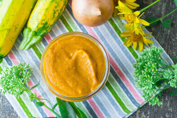 Caviar zucchini with vegetables. Homemade vegetable caviar. Russian vegetable paste. Selective focus
