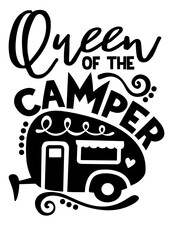 Queen of the camper quote svg. Camping decor. Travel trailer clip art. Isolated on transparent background.	
