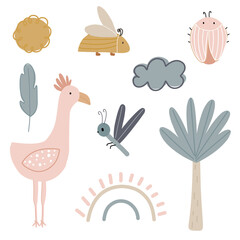 Set of funny sticker vector illustrations in cartoon style pink bird on long legs, bugs, cookies, feather, dragonfly, rainbow, palm tree, cloud