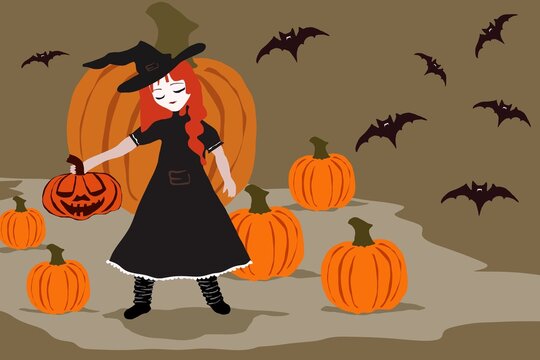Trick or treat Mädchen als Hexe verkleidet mit Kürbissen und Fledermäusen