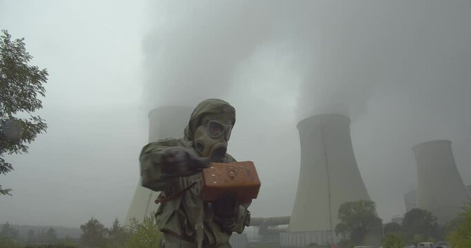 A soldier in a protective suit checks a radiation leak outside the cooling towers of a nuclear reactor