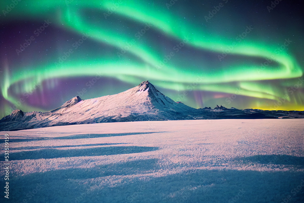 Wall mural northern lights over snowy mountains. aurora borealis with starry in the night sky. fantastic winter