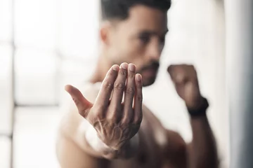 Foto auf Acrylglas Antireflex Boxing hands gesture, strong man and fight training of mma athlete, fitness power and sports gym champion. Zoom palm of boxer in fighting stance to approach, attack and impact for karate martial arts © Beaunitta Van Wyk/peopleimages.com
