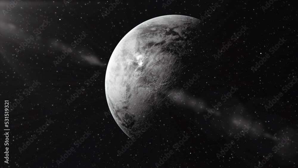 Poster rotating cold planet in space. motion. 3d planet rotates on background of space and flow of particle