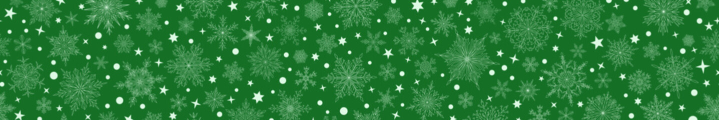 Banner of complex Christmas snowflakes in green colors with seamless horizontal repetition. Winter background with falling snow