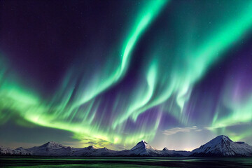 Northern Lights over lake. Aurora borealis with starry in the night sky. Fantastic Winter Epic...
