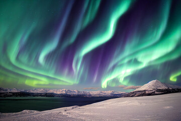 Northern Lights over lake. Aurora borealis with starry in the night sky. Fantastic Winter Epic...