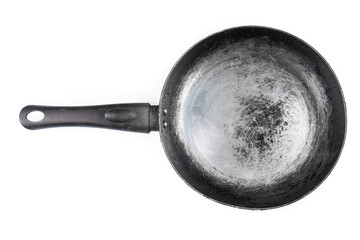 Old dirty and scratched textured frying pan isolated on white with clipping path