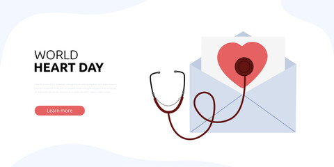 World heart day web banner or landing page. Heart in a mail envelope and phonendoscope. Vector illustration isolated on white background.