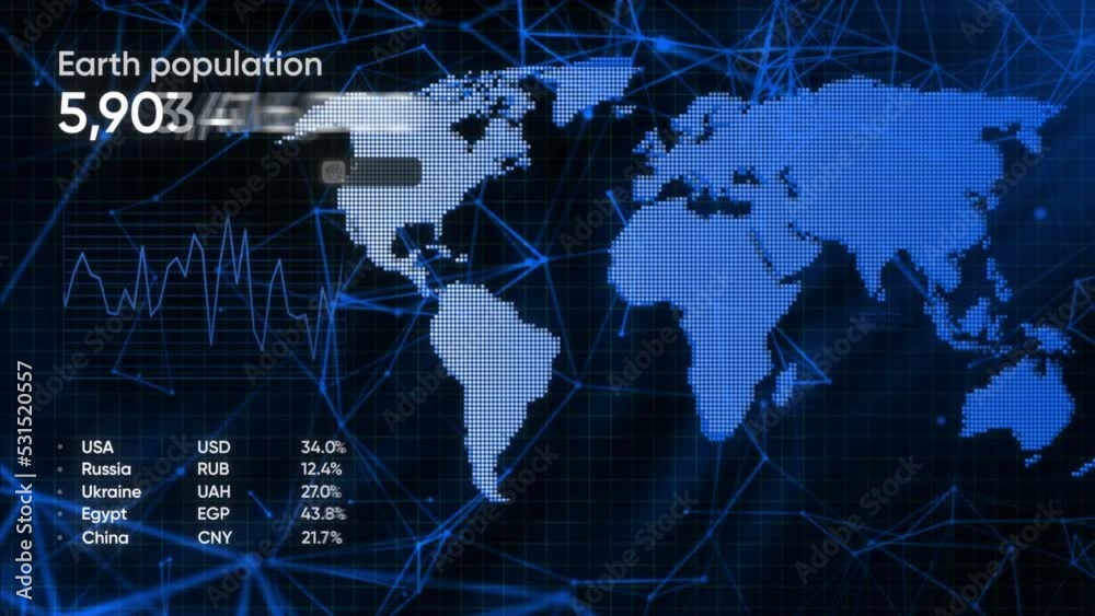 Poster technological animation with world map and numbers. motion. the population of earth on technological