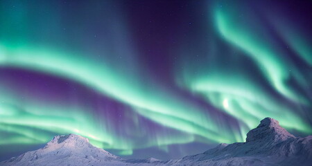Noorderlicht over besneeuwde bergen. Aurora borealis met sterren aan de nachtelijke hemel. Fantastisch winter episch magisch landschap van bergen