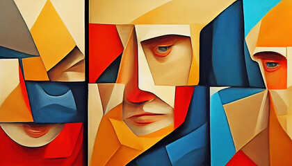 Male faces in the style of cubism painting. Abstract lgbt painting. Digital illustration 
