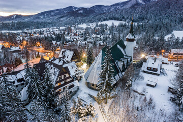 Winter wonderland in Zakopane, Snowy landscape, aerial drone view - obrazy, fototapety, plakaty