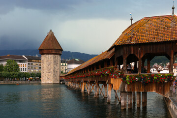 Chapel bridge famous place on lake Luzern, Switzerland, Europe.