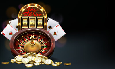 Casino Illustration with roulette wheel , poker cards , slot machine, gold money heap.Vector illustration of gambling.   Game design, flyer, poster, banner, advertisement.Big win illustration casino.