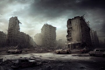 A post-apocalyptic ruined city. Destroyed buildings, burnt-out vehicles and ruined roads. 3D rendering - 531522766