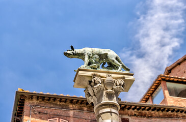 Fototapeta na wymiar Sienna, Italy - July 14, 2022: One of the many neighbourhood mascot statues in Siena Italy 