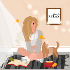 Vector illustration Cozy autumn girl and cat in room