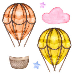 Watercolor illustration of two hot air balloons, orange and yellow hot air balloon with basket