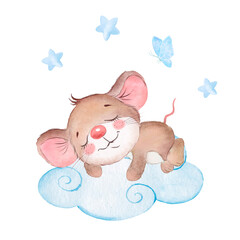 Little mouse sleeping on a cloud, nursery wall art, cute sleeping little mouse baby print