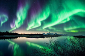 Noorderlicht boven meer. Aurora borealis met sterren aan de nachtelijke hemel. Fantastisch winter episch magisch landschap van besneeuwde bergen