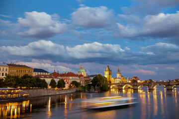landscape with Vltava river and boat