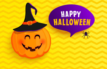 Halloween greeting banner with pumpkin and congratulatory text in speech bubble on bright yellow background with geometric pattern. Template for design, web,poster,flyers,blogs,social media.Vector.