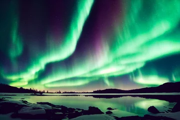 Fotobehang Northern Lights over lake. Aurora borealis with starry in the night sky. Fantastic Winter Epic Magical Landscape of snowy Mountains  © Abstract51