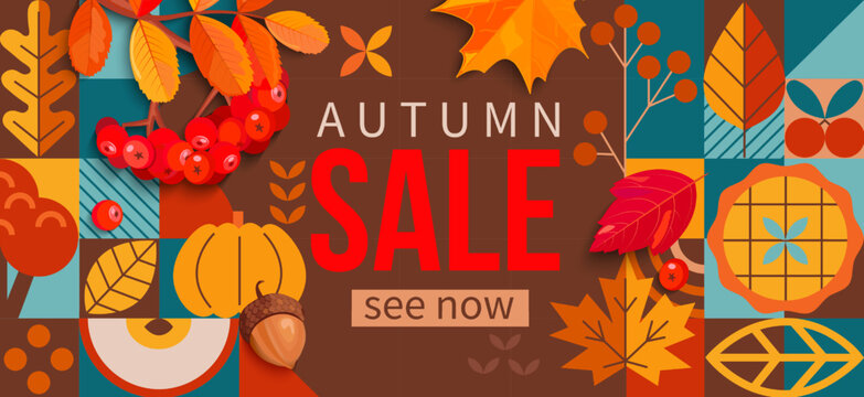 Autumn sale 2022 horizontal banner in geometric simple style and realistic cartoon style for seasonal shopping promotion,web.Template for discount cards,flyers, posters, advertise, print.Vector.