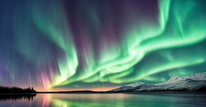 Northern Lights over lake. Aurora borealis with starry in the night sky. Fantastic Winter Epic Magical Landscape of snowy Mountains	