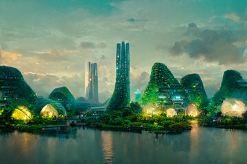 Green Utopia Futuristic City on Coast of Tropical Sea Lagoon CG Art Illustration. Environment Friendly Sustainable Plant Covered Buildings Sci-Fi Conceptual Background. AI Generated Art Wallpaper - obrazy, fototapety, plakaty