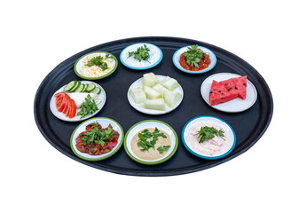 Turkish appetizers on the serving plate. Meze. Top view