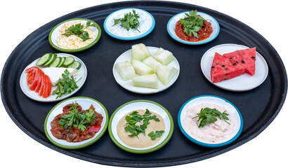 Fototapeta na wymiar Turkish appetizers on the serving plate. Meze. Top view