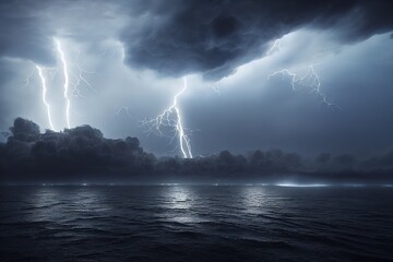 Heavy dramatic clouds and bright lightnings over ocean - obrazy, fototapety, plakaty