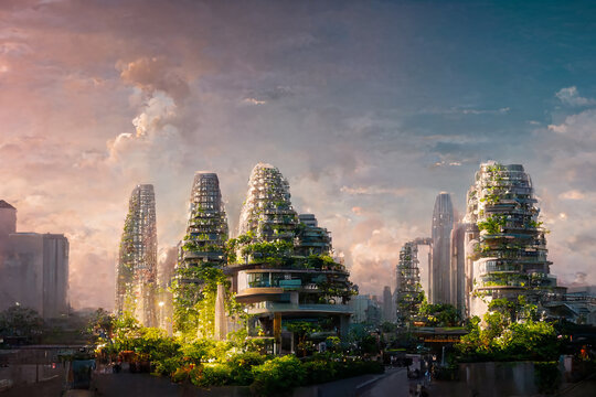 Plant Covered Sustainable Buildings in Modern City District 3D Art Illustration. Environmental Friendly Green Ecologic Houses Conceptual Background. AI Neural Network Generated Art Wallpaper