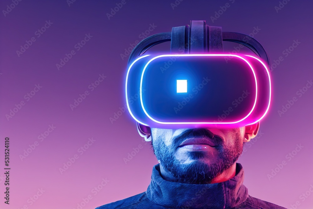 Poster man using vr headset with neon spot on purple background